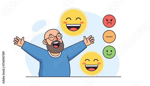 Joyful man with arms outstretched celebrating positive customer feedback, surrounded by happy emojis and survey rating icons representing excellent service quality and satisfaction, vibrant vector