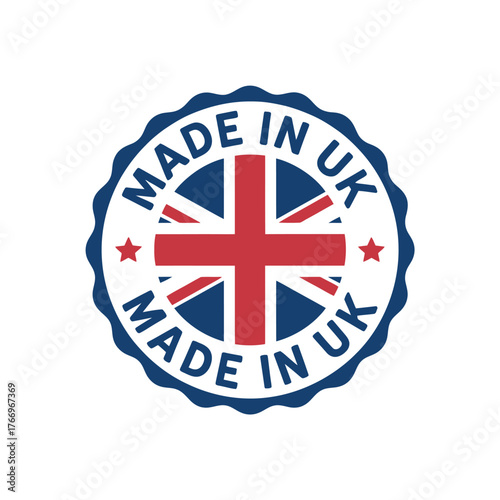 Circular emblem celebrating products made in the united kingdom