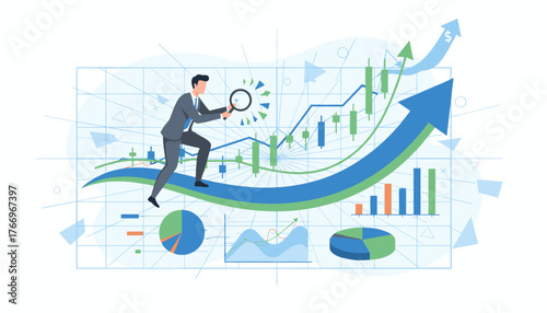 Dynamic illustration of a businessman in a suit analyzing financial data with a magnifying glass, surrounded by upward trending stock market charts, bar graphs, and pie charts, symbolizing profit