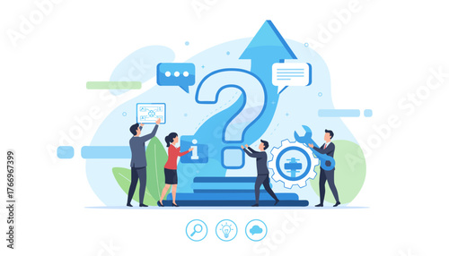Team of professionals collaborating around a giant question mark, symbolizing problem-solving, information center, communication, and business support services, with icons for search, idea, and cloud.