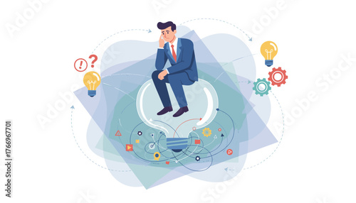 A pensive businessman in a suit sits on a glowing light bulb, symbolizing deep thought and problem-solving, surrounded by gears, arrows, and question marks, representing the complex process of