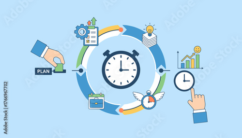 Time management concept illustration with a circular workflow diagram featuring a stopwatch, calendar, gears, checklist, lightbulb, and a hand interacting with a clock, symbolizing planning