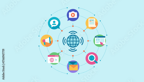 Vibrant and colorful vector illustration depicting global communication and digital networking through various interconnected icons representing social media, news, search, email, and web browsing