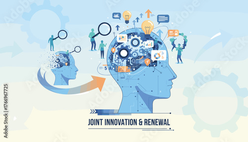 Conceptual vector illustration depicting joint innovation and renewal through collaborative business graphics, symbolizing the process of idea generation, problem-solving, and strategic development