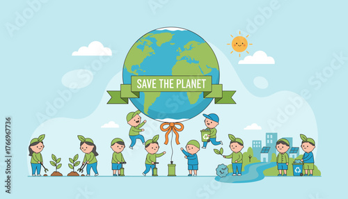 Vivid flat illustration of diverse little people actively engaged in environmental conservation efforts, planting trees, recycling, and tending to the planet, symbolizing global responsibility and a