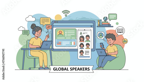 Vivid flat illustration of two children engaged in online learning, one girl with headphones and a laptop, the other boy with a smartphone and laptop, surrounded by communication icons, world map