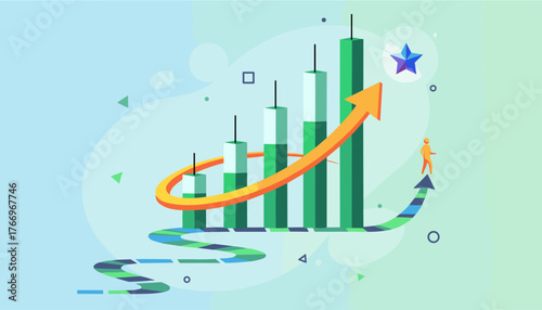Vibrant vector illustration depicting a rising candlestick stock market chart with an orange arrow indicating upward trend, a small human figure reaching for a star, symbolizing success and growth in