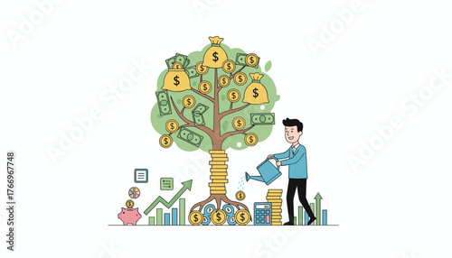 Vibrant vector illustration depicting a stylized money tree, symbolizing financial growth and investment, with bags of cash, coins, and banknotes flourishing on its branches, while a businessman