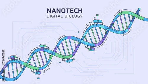 Vibrant illustration of a DNA double helix with futuristic nanotechnology robots working on it, set against a backdrop of digital circuit patterns, symbolizing the intersection of nanotech and