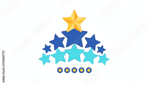 A vibrant and dynamic vector illustration featuring a tiered arrangement of stars in shades of blue and turquoise, culminating in a prominent golden star at the apex, symbolizing achievement