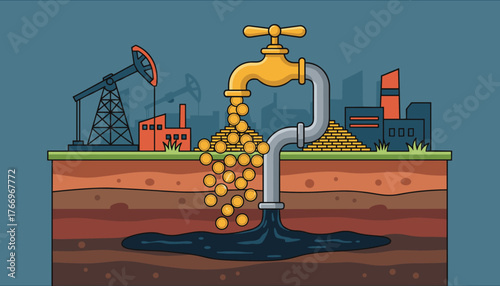 Conceptual vector illustration depicting the oil and gas industry's process of extracting crude oil from underground reservoirs, symbolizing wealth and profit through falling gold coins from a