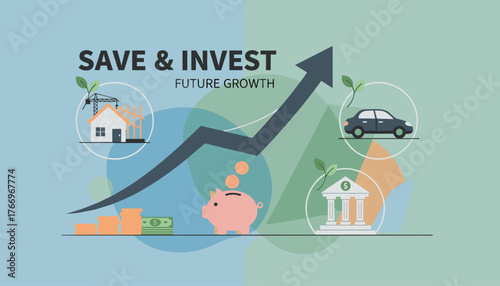 Modern flat illustration concept of saving and investing for future growth, depicting elements like a house under construction, a car, a bank, a piggy bank with coins, stacks of coins, and banknotes