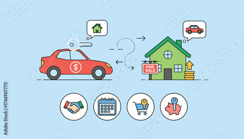 Modern flat illustration depicting the exchange of a car for a house, symbolizing sale, leasing, or buying transactions, with icons for handshake, calendar, shopping cart, and piggy bank representing