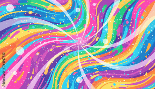 Vibrant abstract glitter background with colorful swirling ribbons and confetti, creating a dynamic and energetic visual effect, perfect for party or celebration themes, with a bright and festive