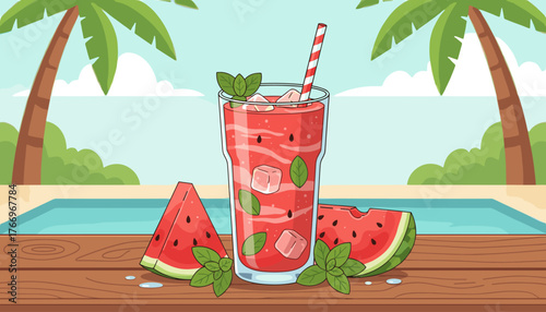 Refreshing watermelon smoothie with fresh mint leaves and ice cubes, garnished with mint sprigs, served on a wooden table by a swimming pool with palm trees and blue sky in the background, perfect