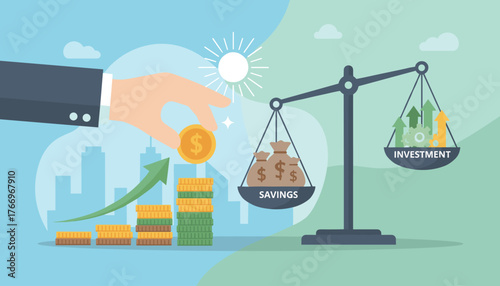 Conceptual illustration of business finance and saving money, showing a hand placing a coin on a rising stack of coins, balanced against a scale comparing savings with investment growth, symbolizing