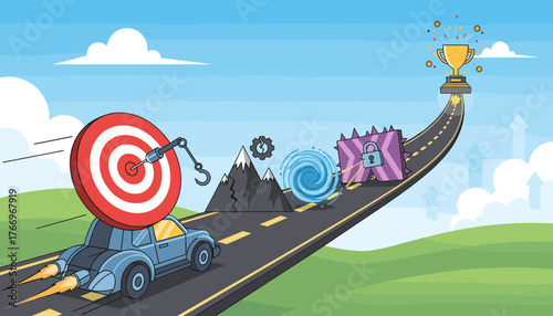 A stylized blue car with a large red and white target on its roof, equipped with rocket boosters, speeds down a highway, navigating a series of challenging obstacles including jagged mountains with a