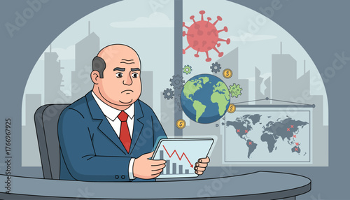 Worried businessman in suit analyzing economic crisis impact on global market with falling graph on tablet, world map showing virus spread, and COVID-19 virus illustration in background, symbolizing