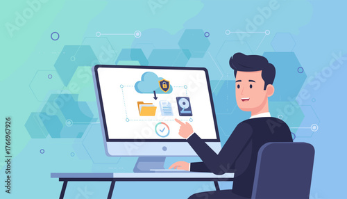 Modern businessman interacting with a computer screen displaying cloud storage icons, including a folder, documents, and a hard drive, symbolizing data download and digital security with a padlock
