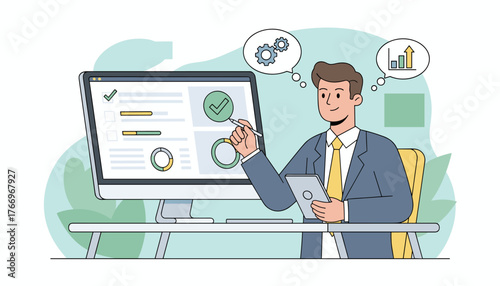 Modern flat illustration of a businessman in a suit and tie, sitting at a desk and interacting with a computer screen displaying a performance checklist, progress charts, and data analytics