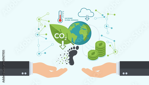 Businessman hands carefully presenting a conceptual infographic illustrating carbon footprint reduction, CO2 emissions decrease, global warming awareness, and sustainable financial growth with stacks