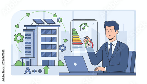 Dynamic illustration of a businessman utilizing a laptop, interacting with a virtual screen displaying an energy efficiency rating chart and solar panels on a building, symbolizing sustainable