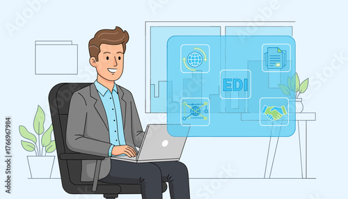 Smiling businessman in a suit sitting at a desk with a laptop, interacting with a futuristic holographic interface displaying EDI (Electronic Data Interchange) icons representing global connectivity