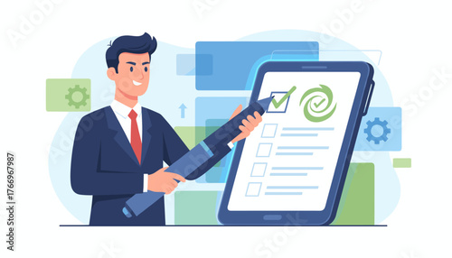 A smiling businessman in a suit and tie is using a large pen to mark a checkmark in a box on a digital tablet screen, symbolizing task completion, success, and efficient workflow in a modern business