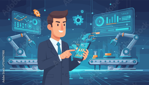 Modern businessman in a suit interacting with a futuristic holographic interface on his smartphone, overseeing automated robotic arms and conveyor belts in a high-tech manufacturing facility