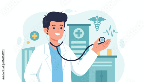 A friendly male doctor wearing a white coat and stethoscope, standing in front of a hospital building with medical symbols like a caduceus and a heartbeat line, representing healthcare and medical