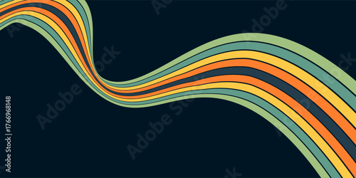 Abstract colorful 70s background vector. Vintage retro wallpaper with rainbow stripes and wavy lines. A 1970 color illustration suitable for posters, banners, decorative items and wall art.