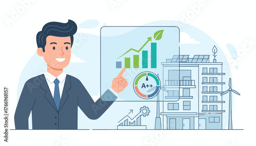 Dynamic illustration of a businessman presenting an energy efficiency concept, showcasing a modern building with solar panels and wind turbines, symbolizing sustainable development and green energy