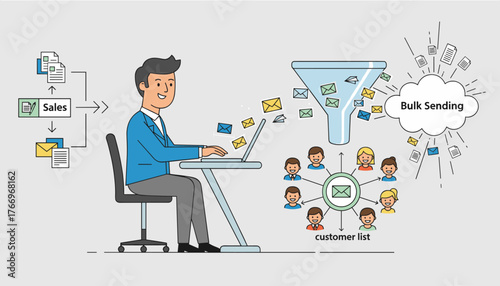 Conceptual diagram illustrating the process of email marketing and newsletter distribution, showing a businessman working on a laptop, sending emails through a funnel to a customer list, symbolizing