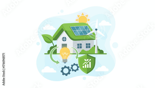 Vibrant illustration of an eco-friendly house with solar panels and a wind turbine, symbolizing energy efficiency and renewable resources, with a lightbulb, gears, and a shield graphic representing