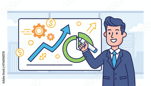Dynamic entrepreneur in a suit enthusiastically drawing a rising blue arrow graph and a green circular chart on a whiteboard, symbolizing business growth, financial success, and strategic planning