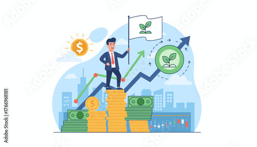 A determined businessman stands triumphantly atop a stack of gold coins and banknotes, holding a flag with a sprouting plant, symbolizing financial growth, profit, and successful investment