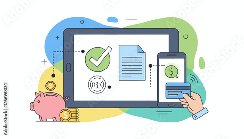 Vibrant flat illustration depicting a seamless electronic mobile payment process, featuring a piggy bank, coins, a tablet displaying a checkmark and document, a smartphone with a dollar sign, and a