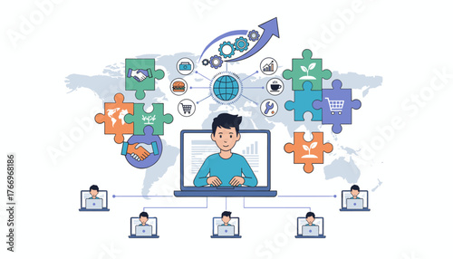 Franchise marketing concept and successful partnership illustration with a person on a laptop connecting to a global network, surrounded by puzzle pieces representing business growth, collaboration