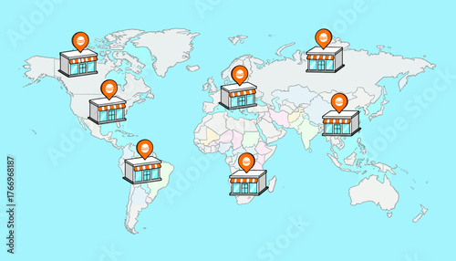 Global franchise business store shop concept with location pins on a world map, representing investment and expansion opportunities in diverse international markets, illustrating retail and