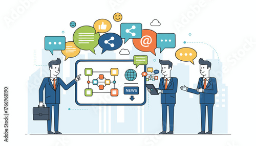 Flat style businessmen discussing social network news and global communication, represented by speech bubbles with icons like like, share, and @ symbol, alongside a digital screen displaying a