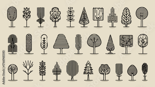 Minimalist Stylized Tree Icons Set. Vector Illustration of Various Tree Shapes and Forms for Nature Design Elements and Graphic Resources.