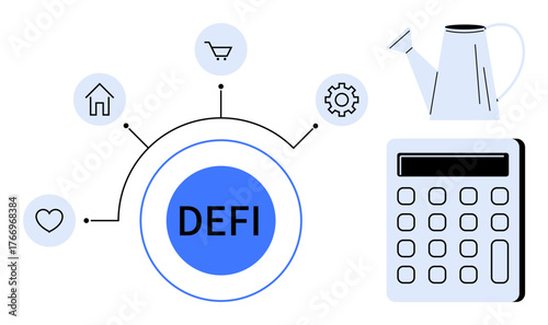 Central DEFI node connects financial symbols for home, shopping, health, and gear with watering can and calculator. Ideal for finance, investment, strategy, technology, innovation sustainability