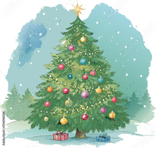 Watercolor Christmas Tree – Festive Holiday Vector Illustration