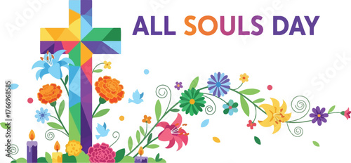Illustration of all souls day with cross and flowers vector design for banner or print