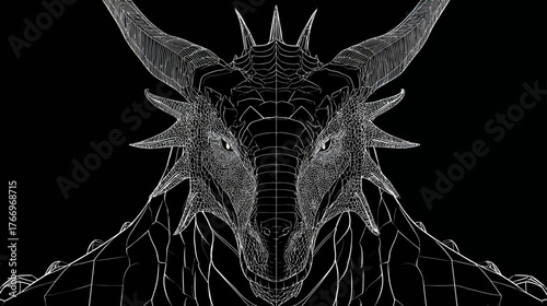 Intricate 3D wireframe dragon head on black background, digital art of a mythical creature, fantasy, abstract design.