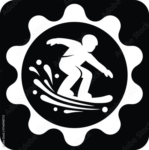 Wakeboarding icon in black and white, representing water sports and summer activities