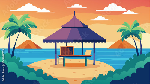 A thatchedroof gazebo on the shore serves as a peaceful remote work retreat perfectly complementing the bungalows tropical charm.. Vector illustration