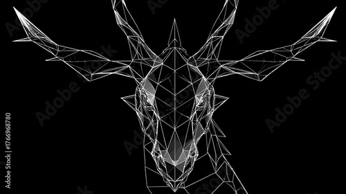 Abstract white wireframe mythical creature head, 3D polygon render. Futuristic digital technology concept art on black background.