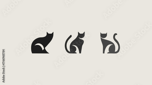 Elegant Minimalist Black Cat Silhouettes Vector Illustration. Set of Three Stylized Sitting Felines on a Light Background.