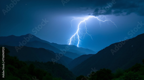 Night scene of mountains illuminated by bright lightning